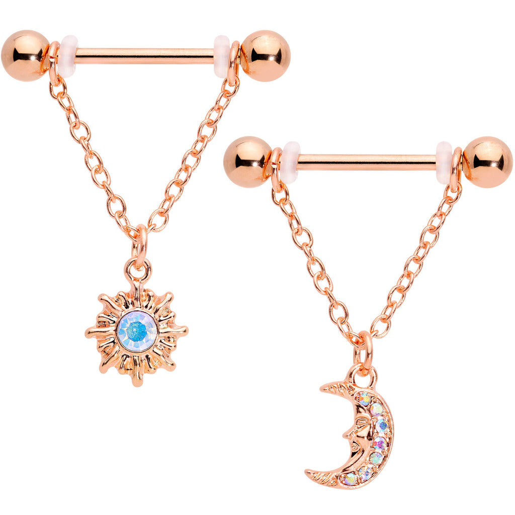 BodyCandy 14G 5/8 Aurora Gem Rose Gold Tone Moon Sun Dangle Nipple Ring Set — main product shot