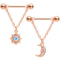 BodyCandy 14G 5/8 Aurora Gem Rose Gold Tone Moon Sun Dangle Nipple Ring Set — main product shot