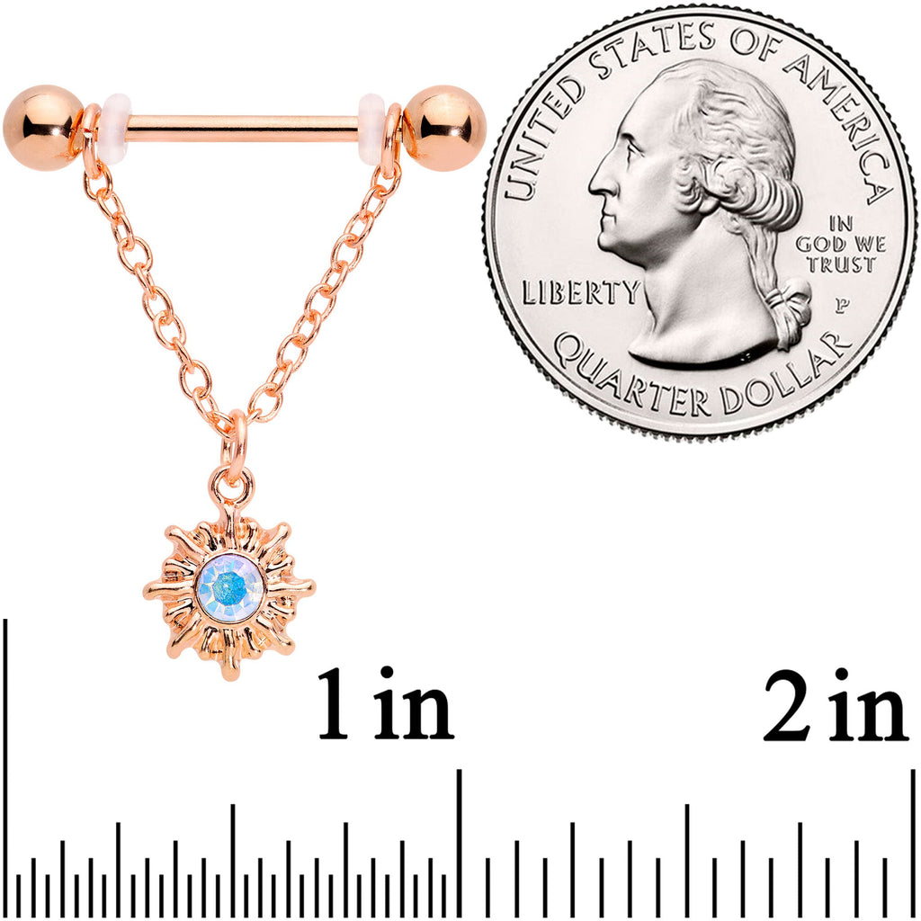 BodyCandy 14G 5/8 Aurora Gem Rose Gold Tone Moon Sun Dangle Nipple Ring Set — detail close-up
