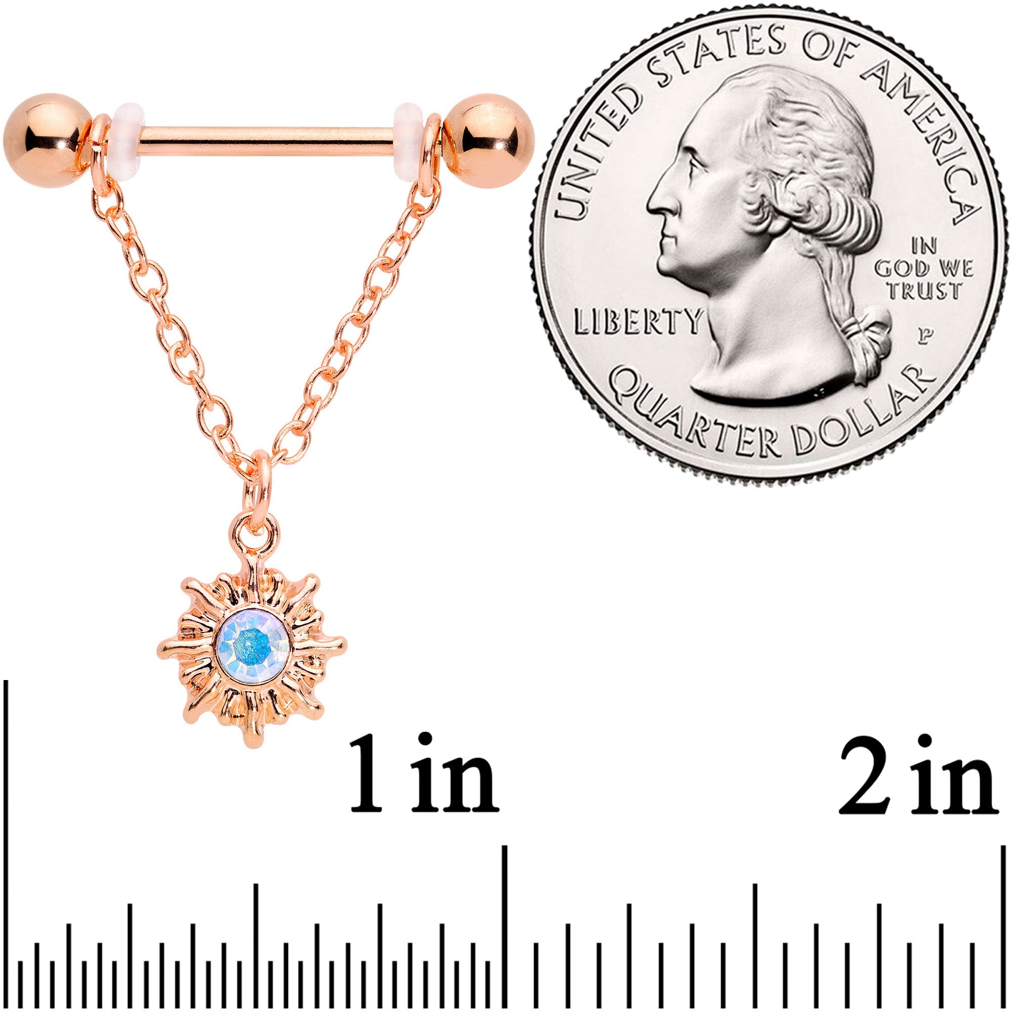 BodyCandy 14G 5/8 Aurora Gem Rose Gold Tone Moon Sun Dangle Nipple Ring Set — detail close-up
