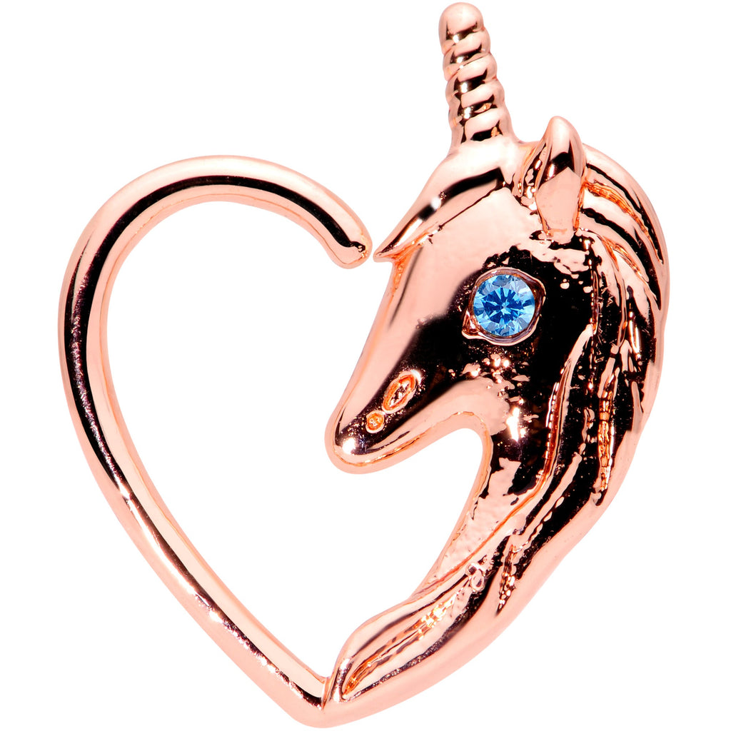 BodyCandy 16G 5/16 Blue Gem Rose Gold Tone Unicorn Left Heart Closure Ring — main product shot