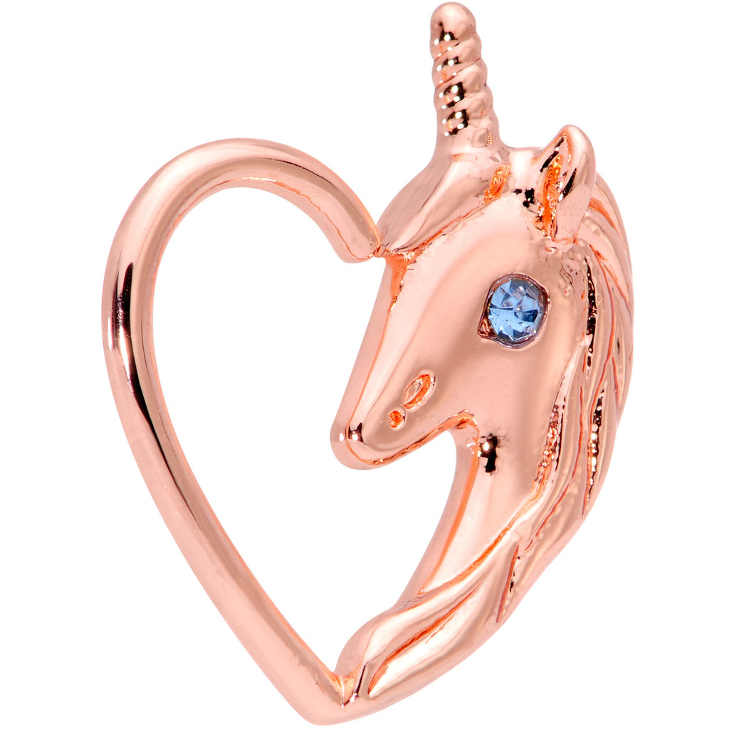BodyCandy 16G 5/16 Blue Gem Rose Gold Tone Unicorn Left Heart Closure Ring — detail close-up