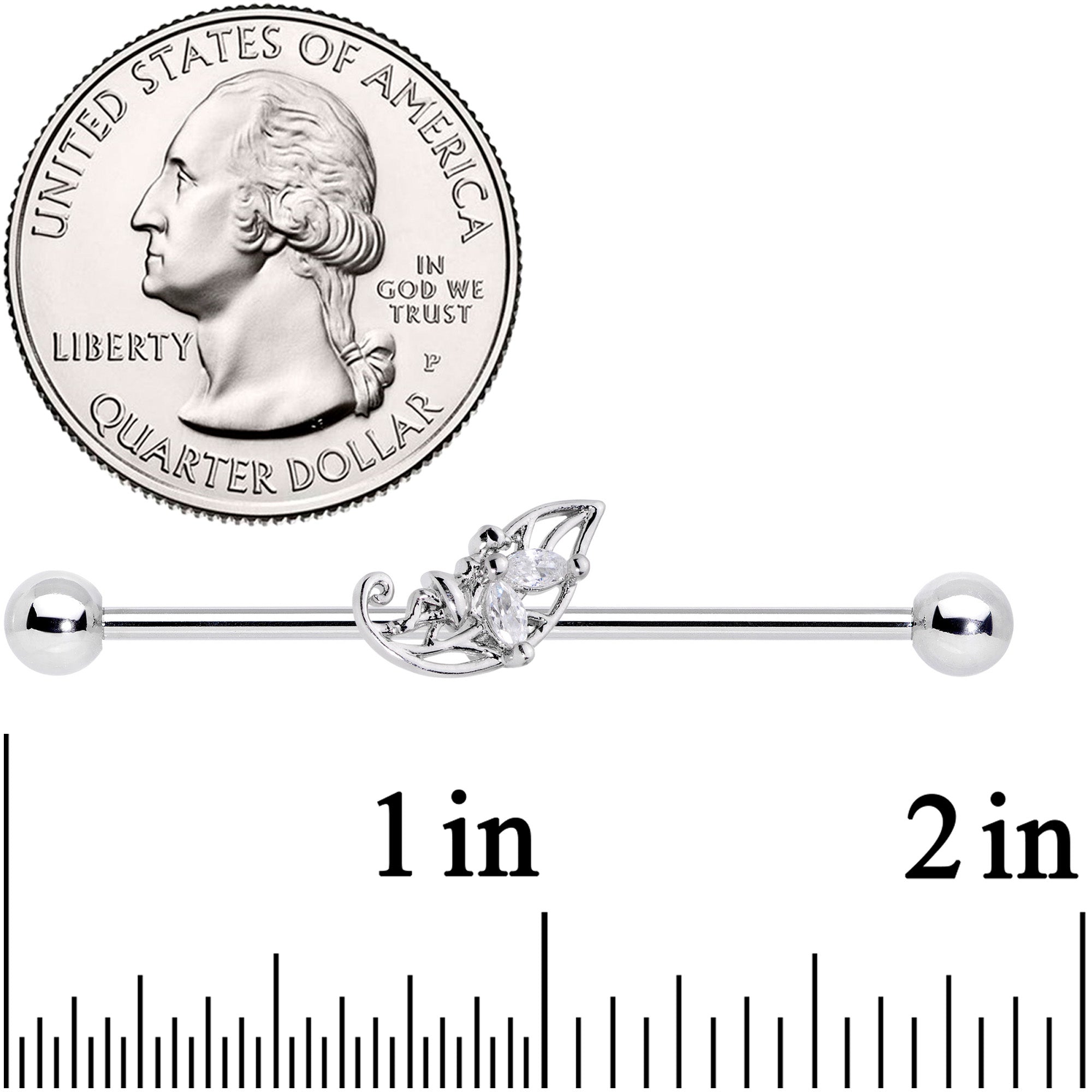 BodyCandy 14G Clear CZ Gem Fairy Leaf Industrial Barbell 38mm — detail close-up