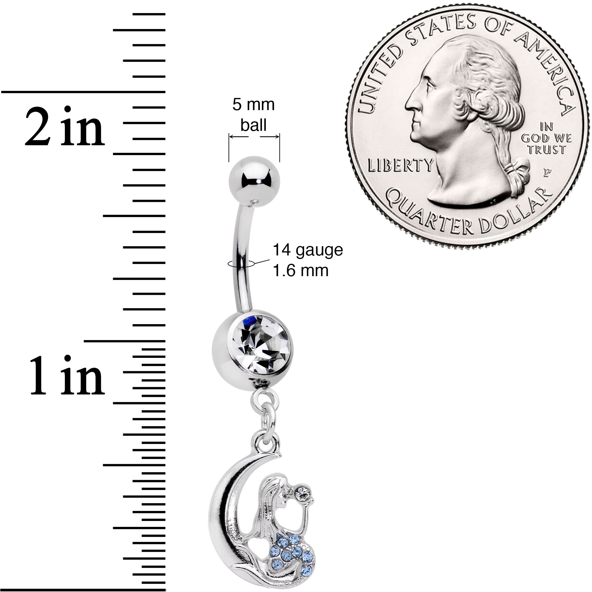 BodyCandy Blue CZ Gem Mermaid in the Moon Dangle Belly Ring — detail close-up