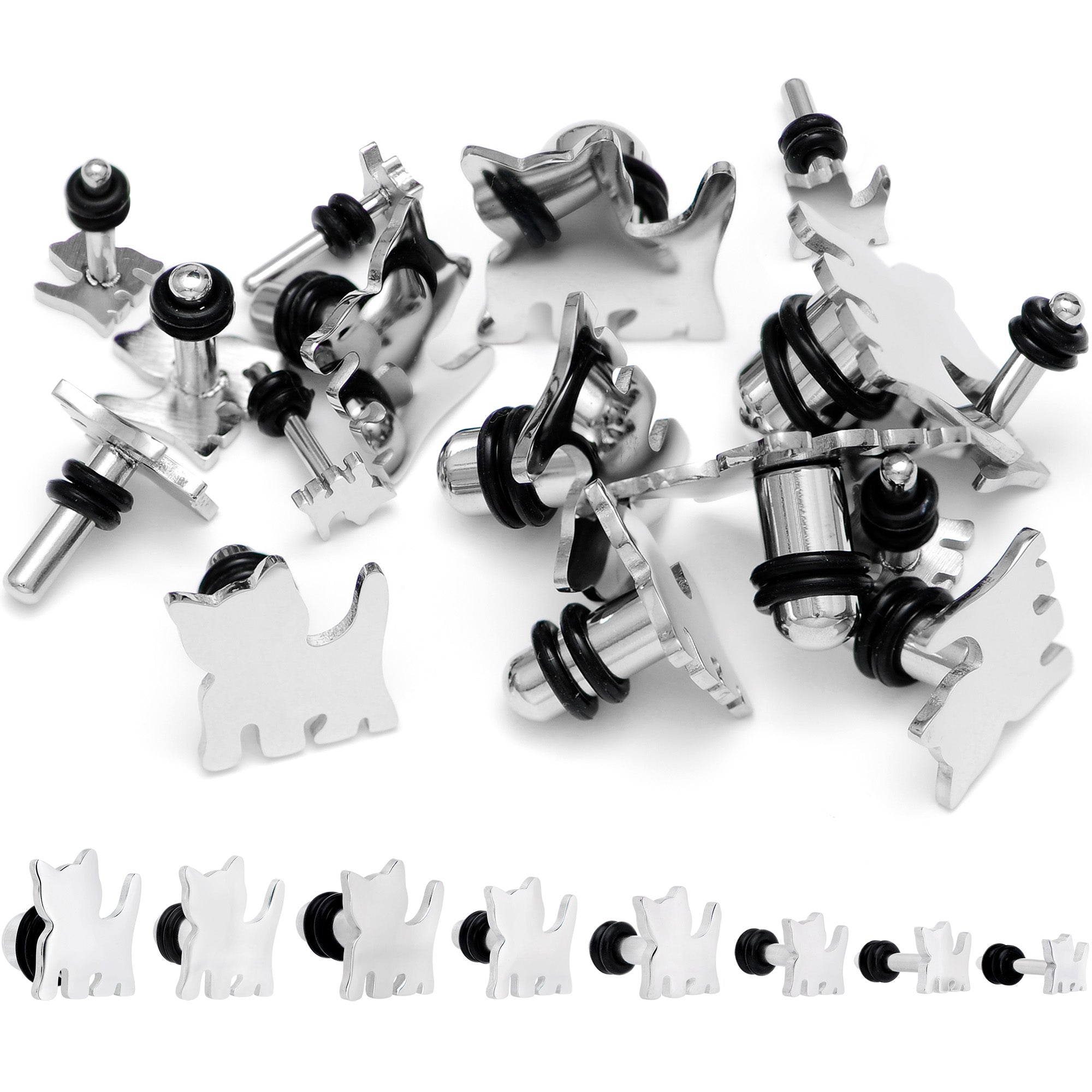 BodyCandy Steel Cat Lover Kitty Cat Single Flare Plug Set 14G to 0G — main product shot