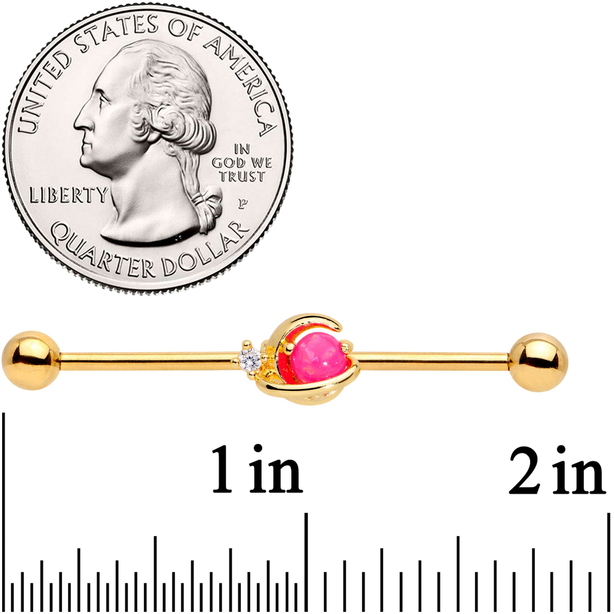 BodyCandy 14G Clear CZ Gem Gold Tone Pink Moon Industrial Barbell 38mm — detail close-up