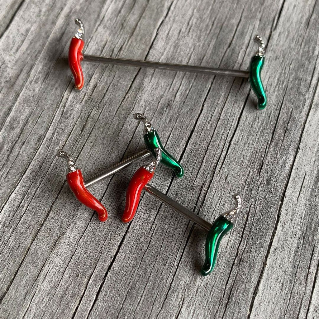 BodyCandy 14G Clear Gem Red Green Pepper Industrial Barbell 38mm — detail close-up
