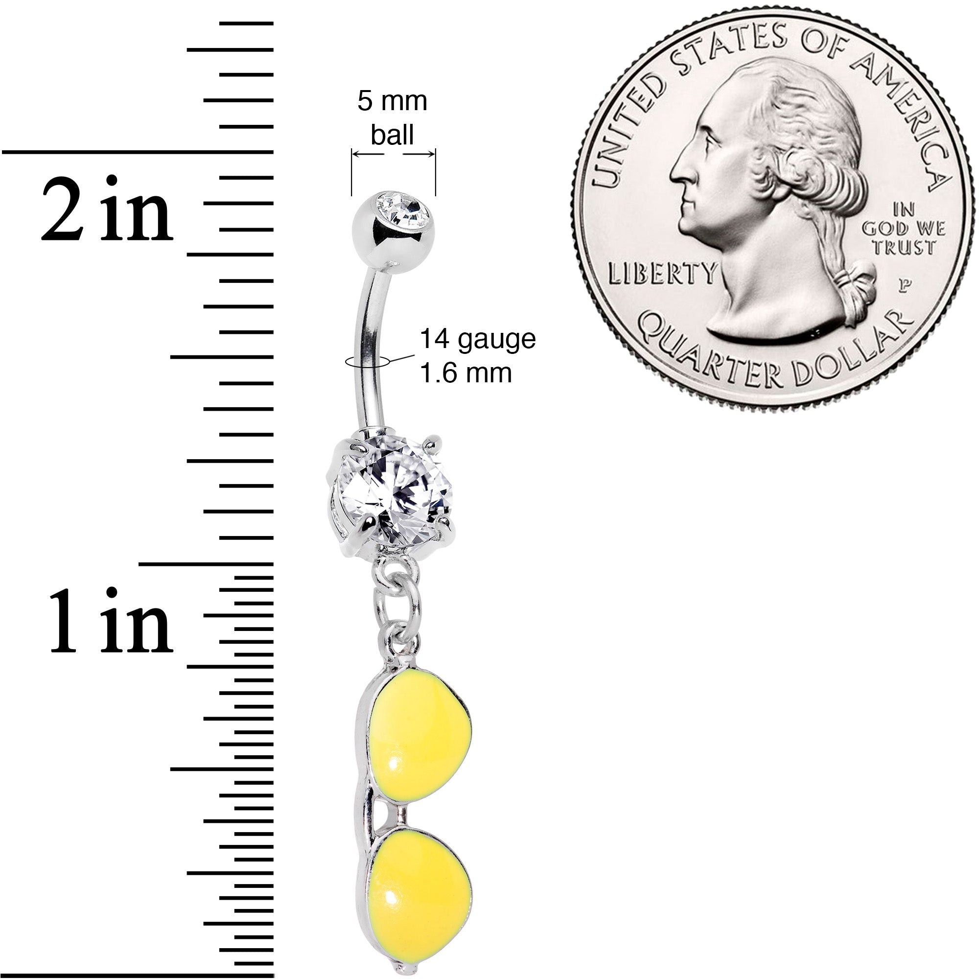 BodyCandy Clear Gem Yellow Aviator Sunglasses Dangle Belly Ring — detail close-up