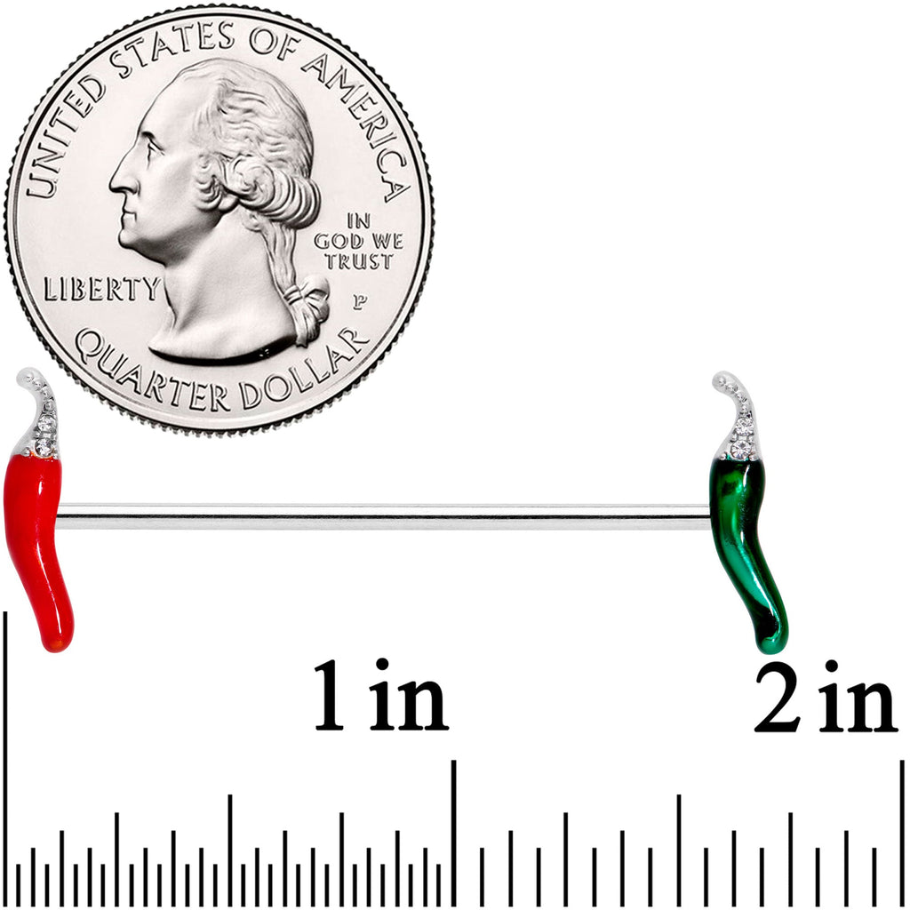 BodyCandy 14G Clear Gem Red Green Pepper Industrial Barbell 38mm — side view