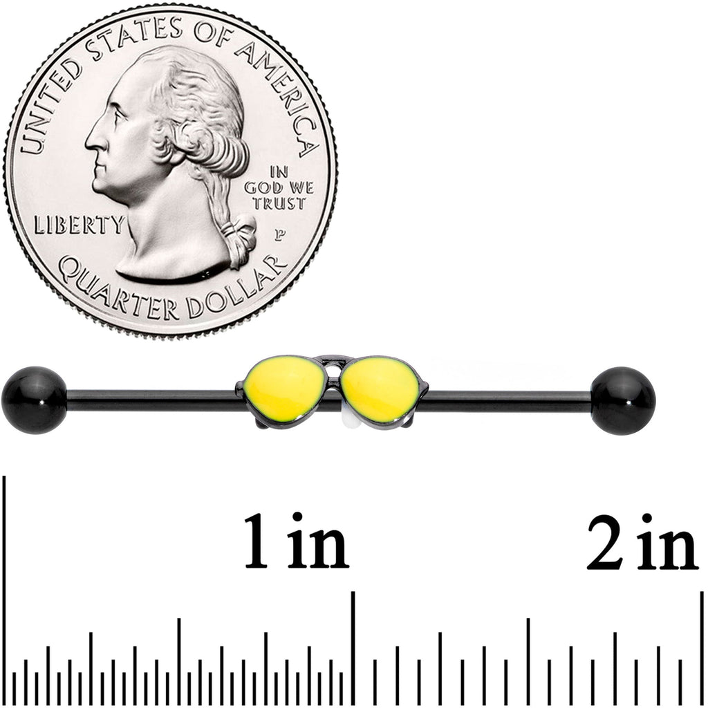 BodyCandy 14G Black Yellow Aviator Sunglasses Industrial Barbell 38mm — detail close-up