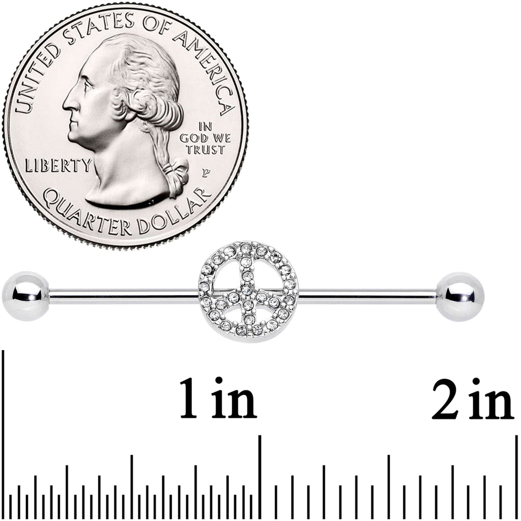 BodyCandy 14G Clear Gem Peace Sign Industrial Barbell 38mm — detail close-up