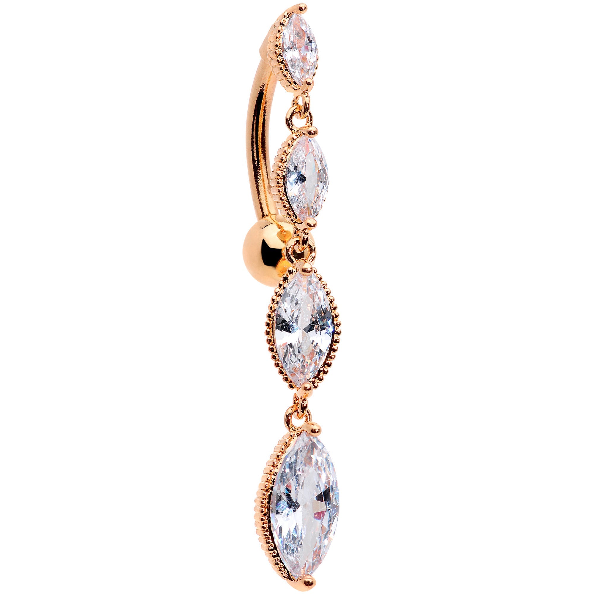 BodyCandy Clear CZ Gem Rose Gold Tone Waterfall Dangle Top Mount Belly Ring — detail close-up