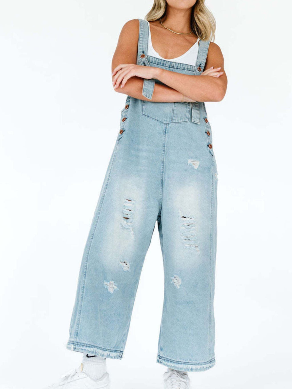Distressed Wide Leg Denim Overalls