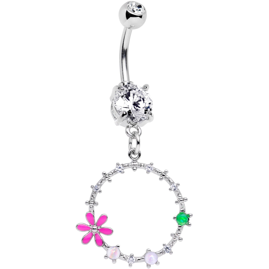 BodyCandy Clear CZ Gem Green Pink Faux Opal Loop Flower Dangle Belly Ring — main product shot