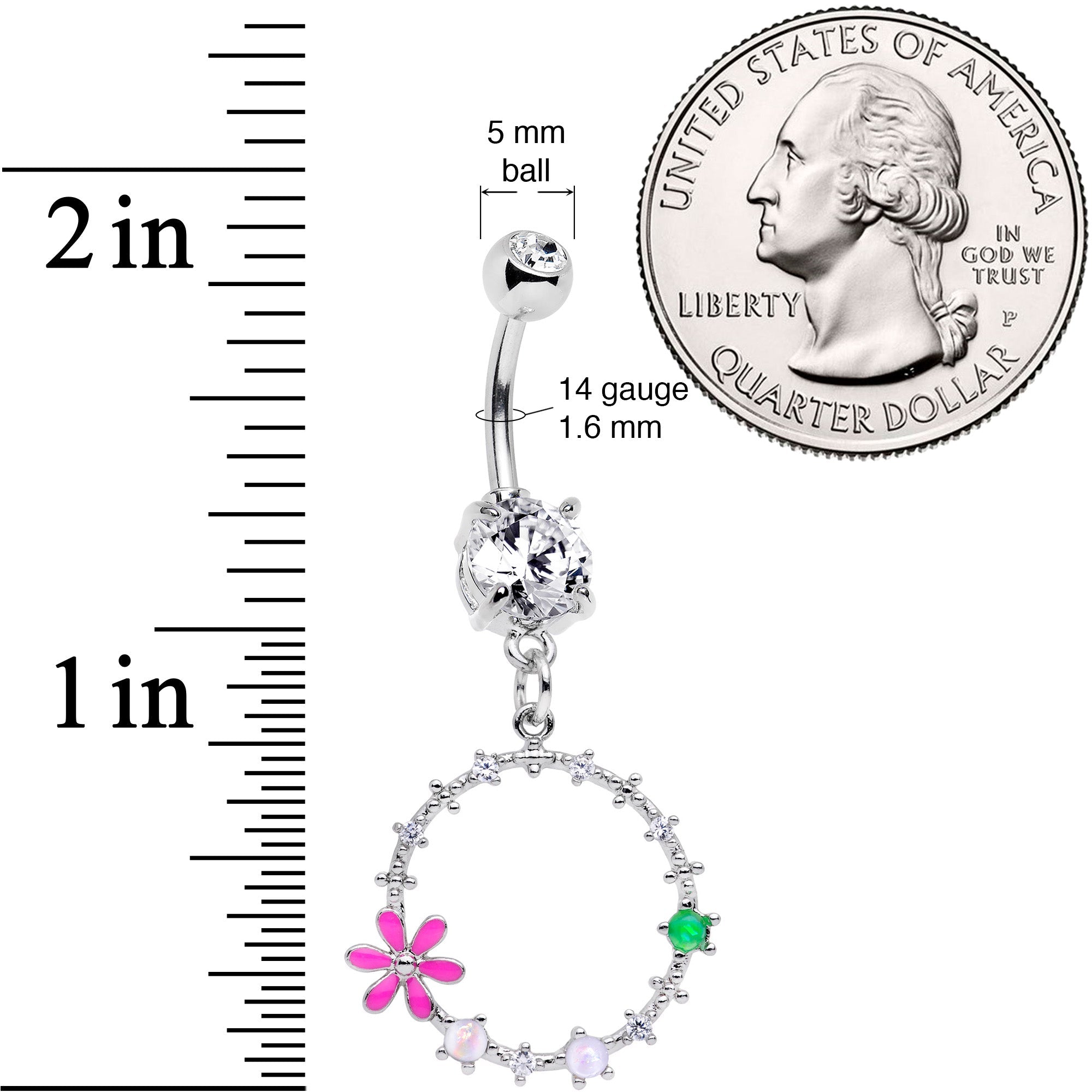 BodyCandy Clear CZ Gem Green Pink Faux Opal Loop Flower Dangle Belly Ring — detail close-up