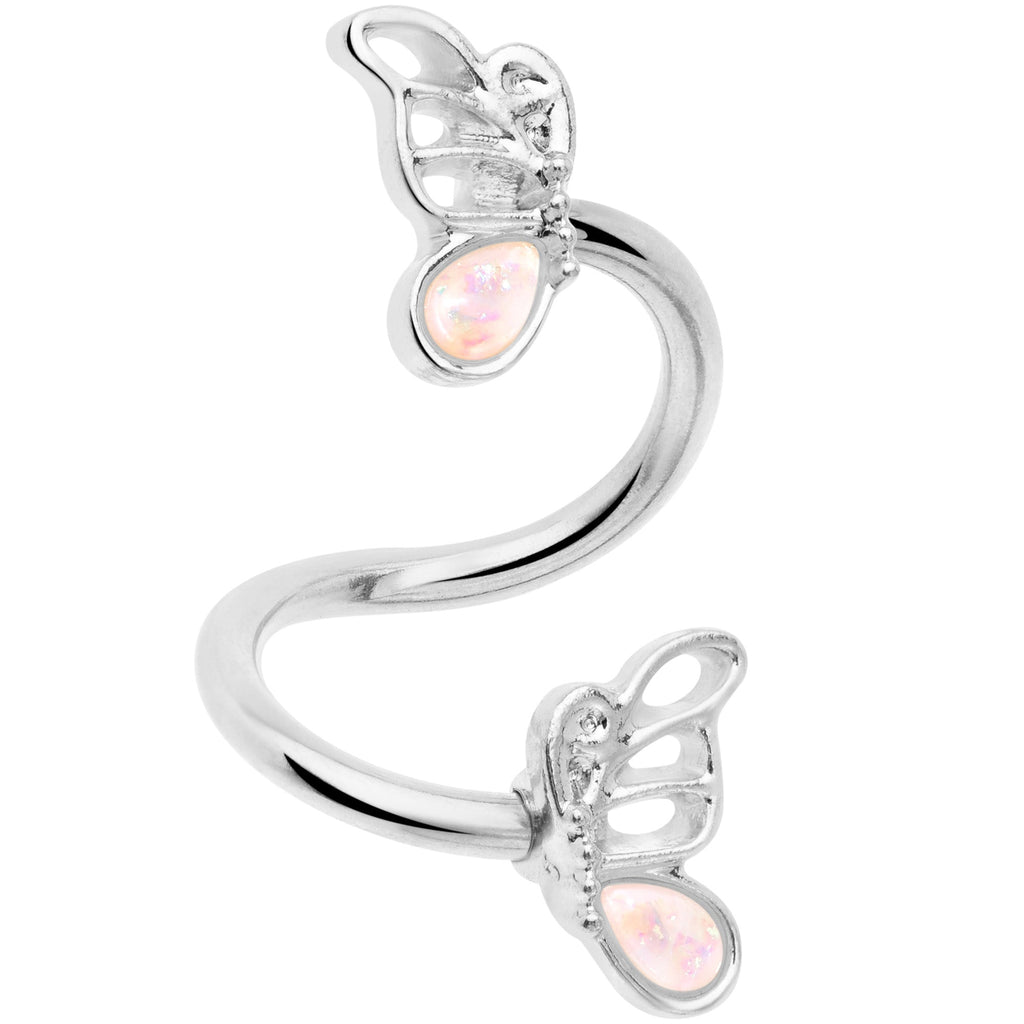 BodyCandy White Faux Opal Butterfly Spiral Twister Belly Ring — detail close-up
