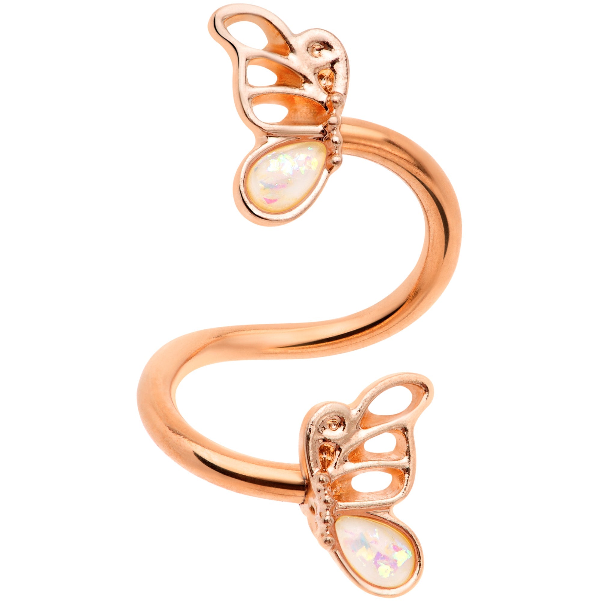 BodyCandy White Faux Opal Rose Gold Tone Butterfly Spiral Twister Belly Ring — main product shot