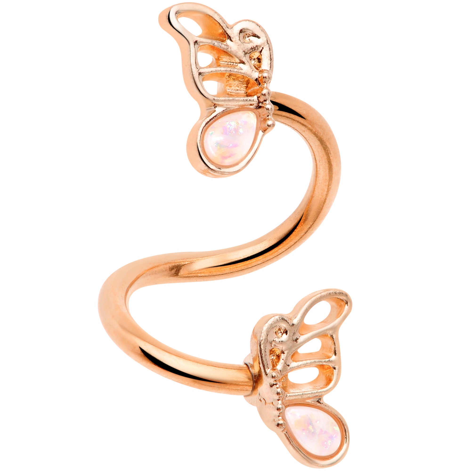 BodyCandy White Faux Opal Rose Gold Tone Butterfly Spiral Twister Belly Ring — detail close-up