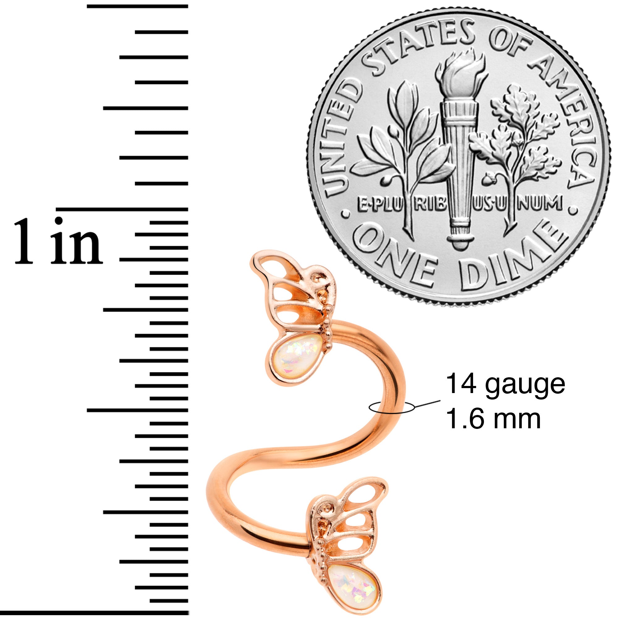 BodyCandy White Faux Opal Rose Gold Tone Butterfly Spiral Twister Belly Ring — lifestyle context