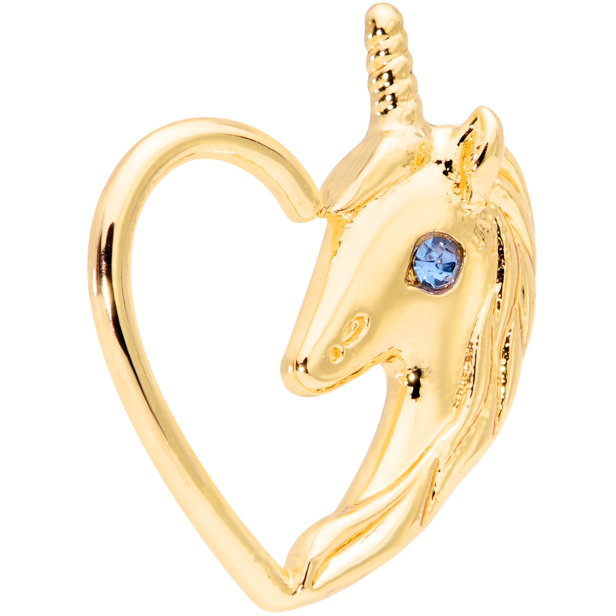 BodyCandy 18G 5/16 Aqua Gem Gold Tone Unicorn Left Heart Closure Ring — detail close-up
