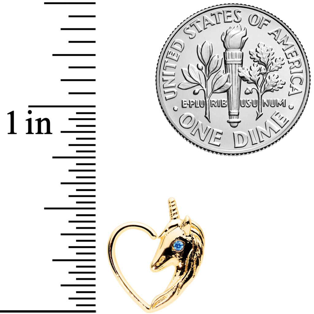BodyCandy 18G 5/16 Aqua Gem Gold Tone Unicorn Left Heart Closure Ring — lifestyle context