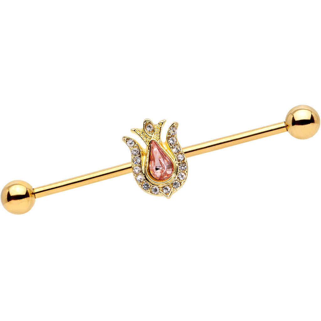 BodyCandy 14G Pink Clear Gem Gold Tone Tulip Flower Industrial Barbell 38mm — main product shot