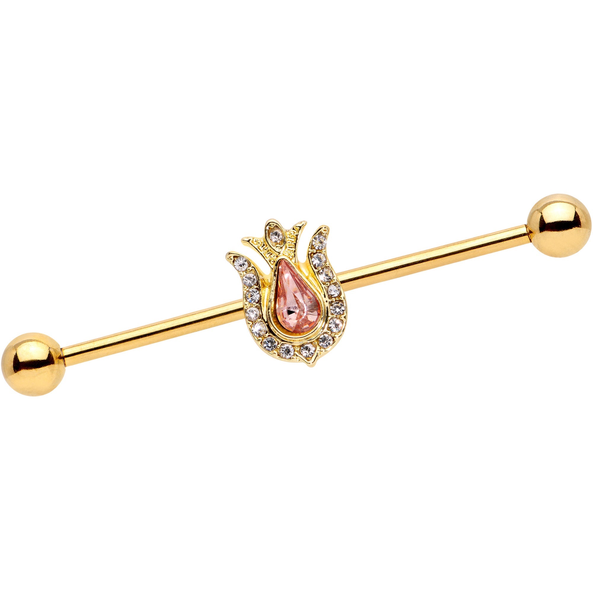BodyCandy 14G Pink Clear Gem Gold Tone Tulip Flower Industrial Barbell 38mm — main product shot