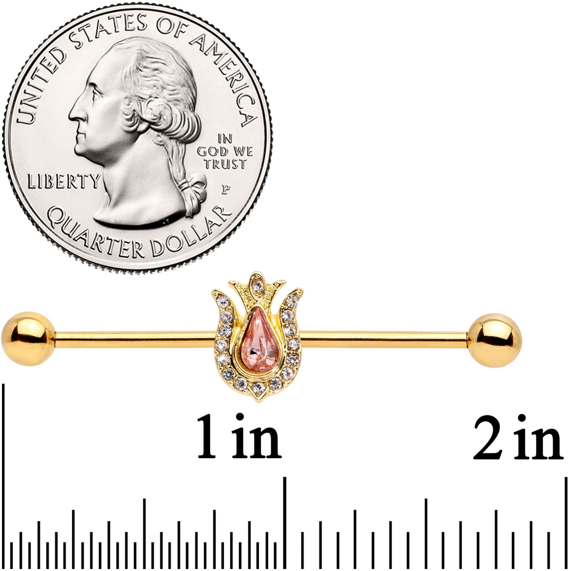 BodyCandy 14G Pink Clear Gem Gold Tone Tulip Flower Industrial Barbell 38mm — detail close-up