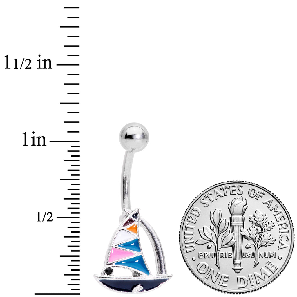 BodyCandy Black Gem White Pink Teal Nautical Sailboat Belly Ring — detail close-up