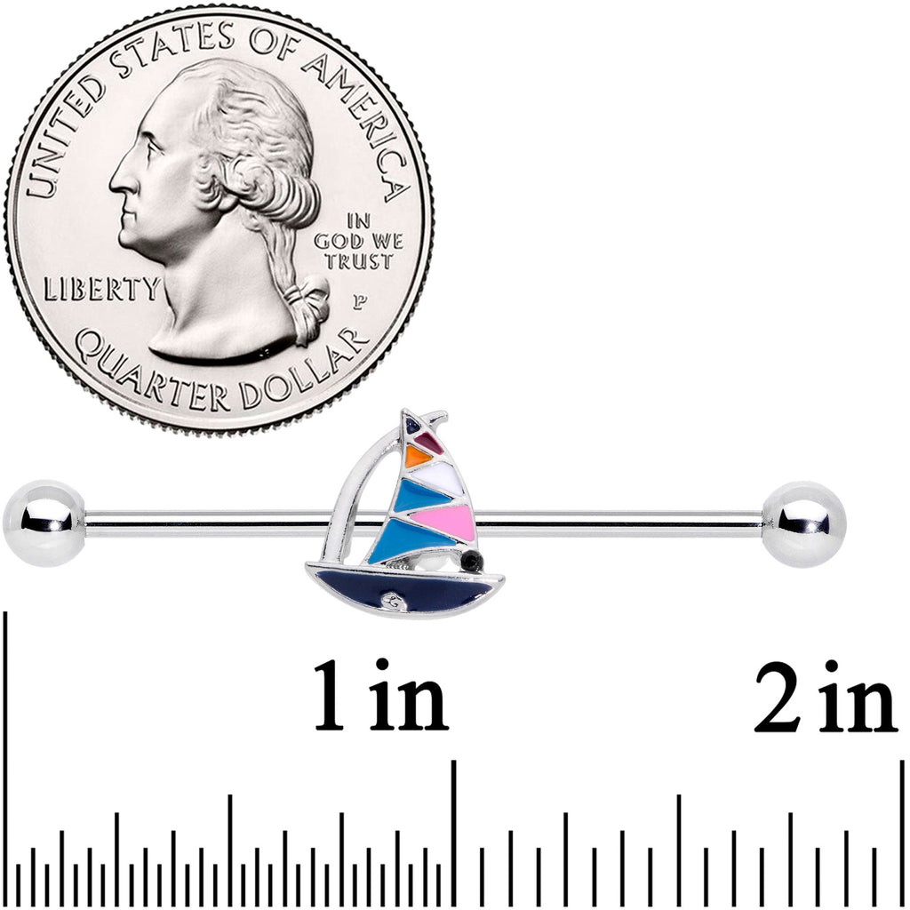 BodyCandy 14G Black Gem Pink Teal Nautical Sailboat Industrial Barbell 38mm — detail close-up