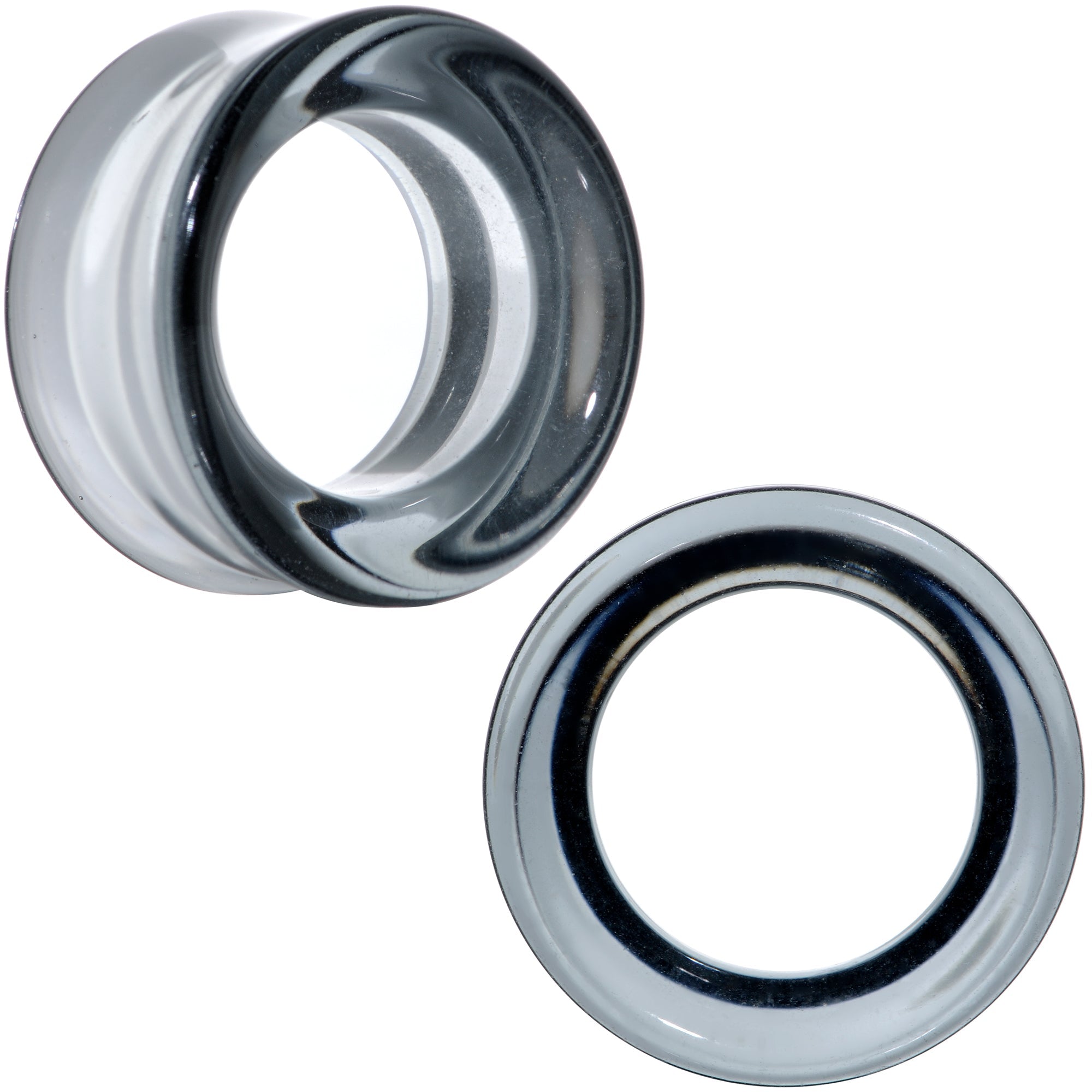 BodyCandy Translucent Black Glass Tunnel Plug Set 2G to 1 Inch — detail close-up