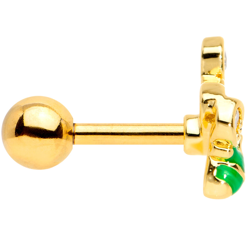 BodyCandy 16G 1/4 Clear Gem Gold Tone Green Bee Cartilage Tragus Earring — detail close-up