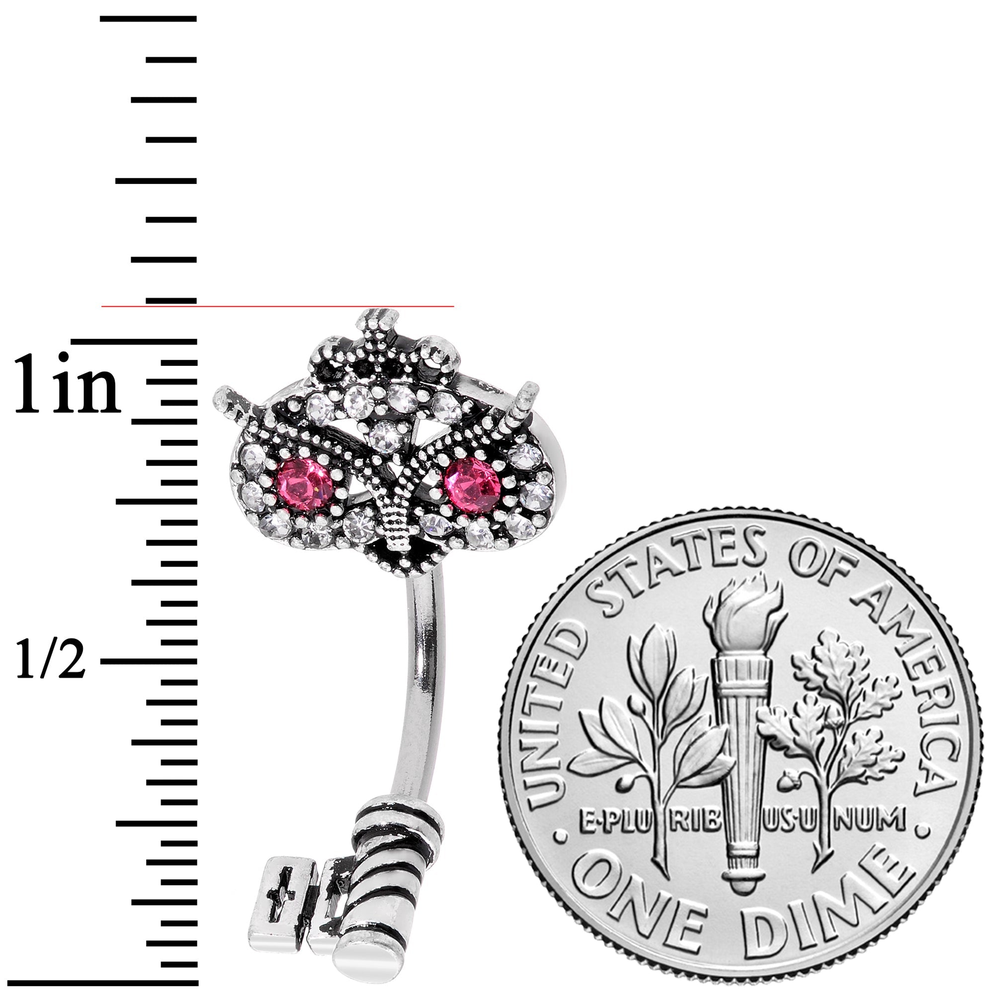 BodyCandy Clear Pink Gem Royal Owl Key Double Mount Belly Ring — detail close-up