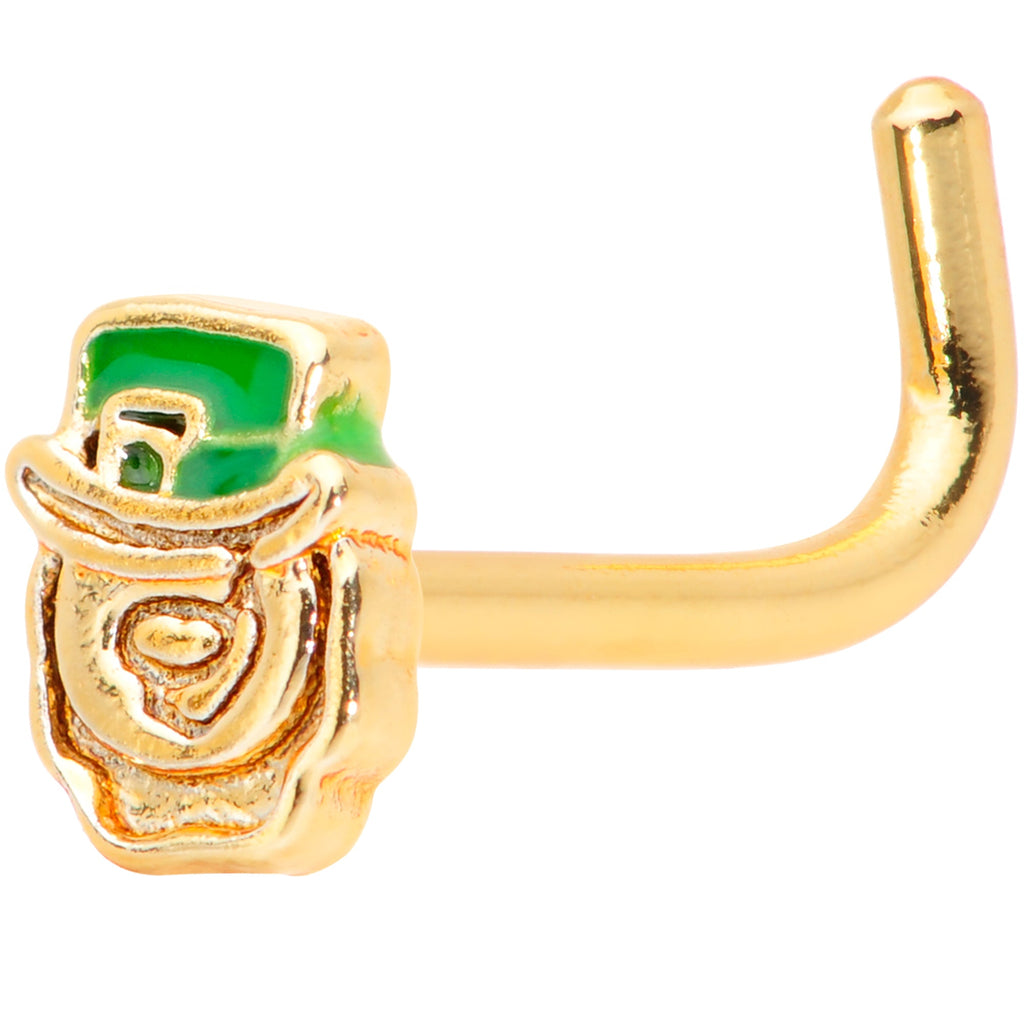 BodyCandy 18G 5/16 Green Gold Tone Lucky Leprechaun L Shaped Nose Ring — main product shot