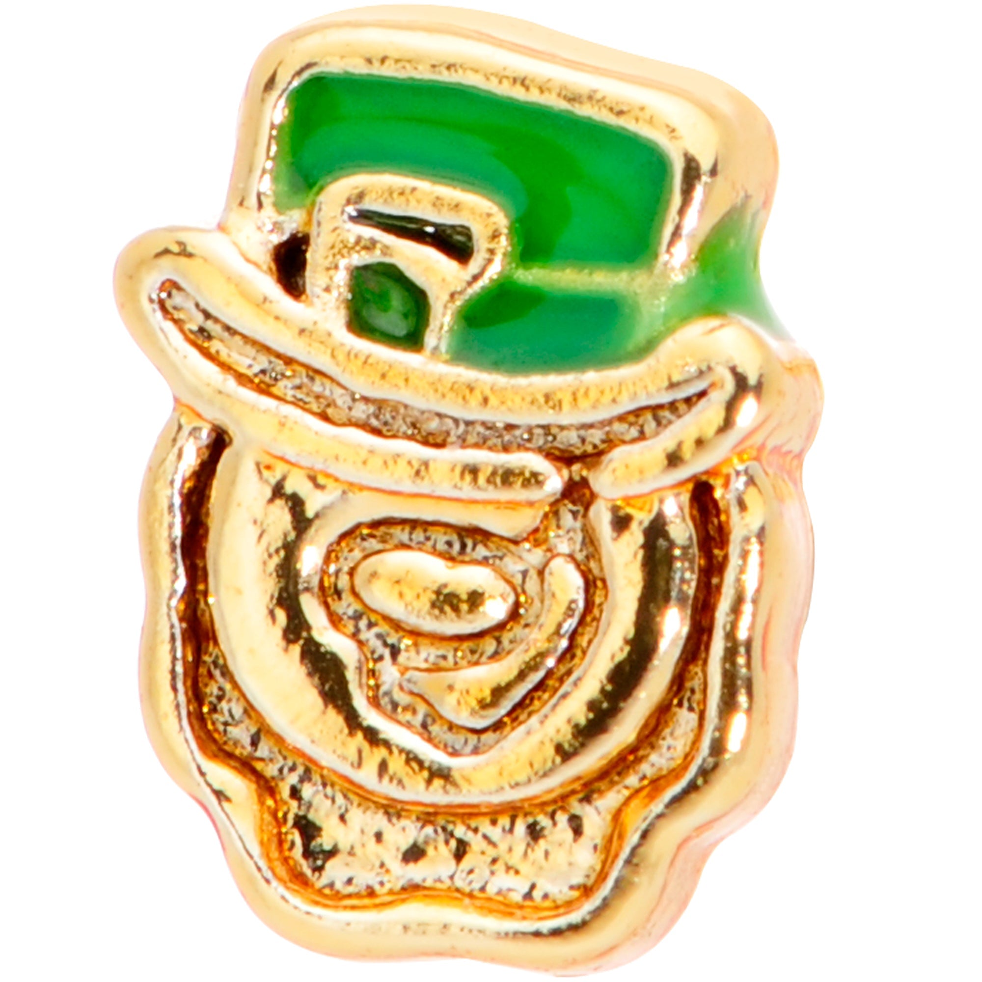 BodyCandy 18G 5/16 Green Gold Tone Lucky Leprechaun L Shaped Nose Ring — detail close-up