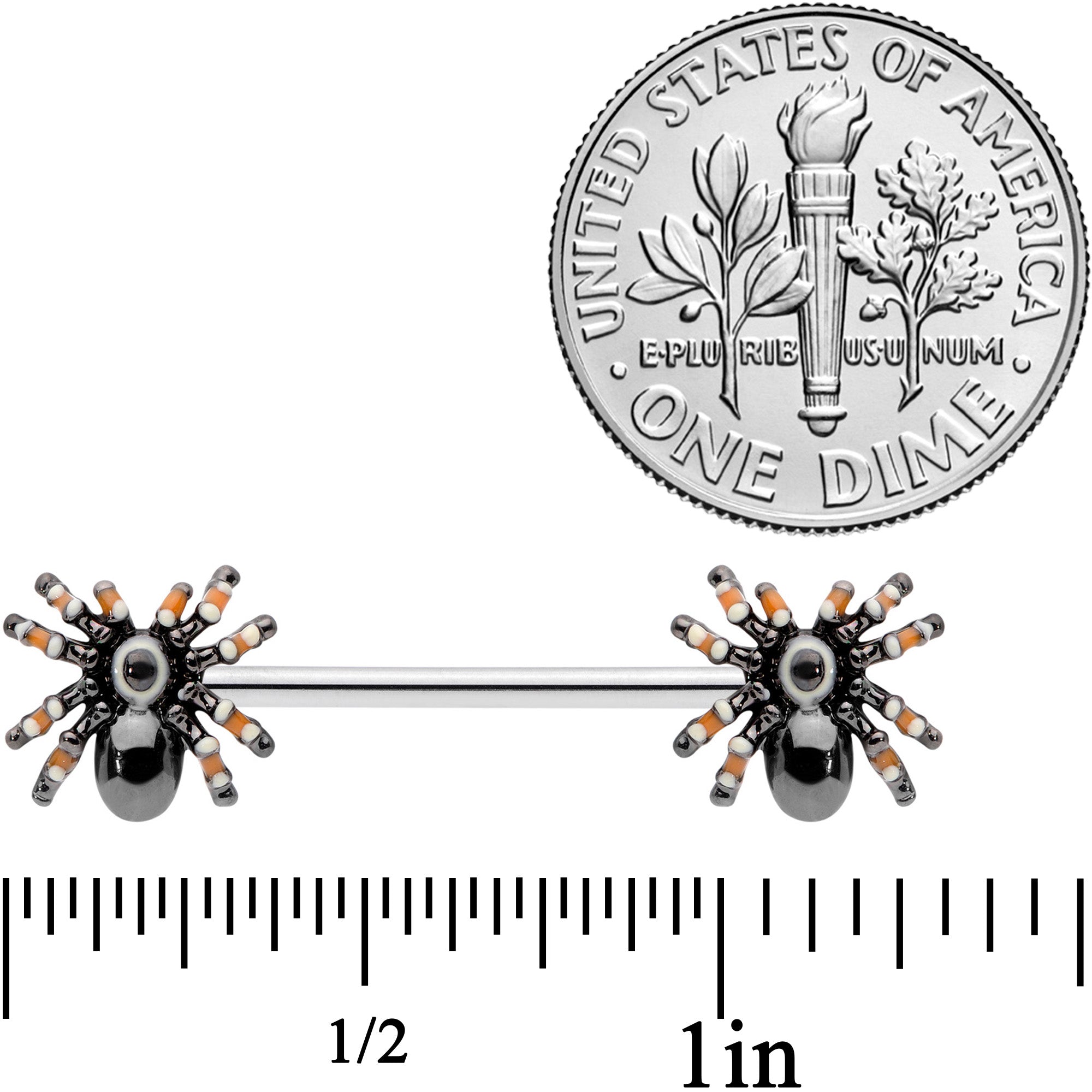 BodyCandy 14G 5/8 Tarantula Spider Halloween Barbell Nipple Ring Set — detail close-up