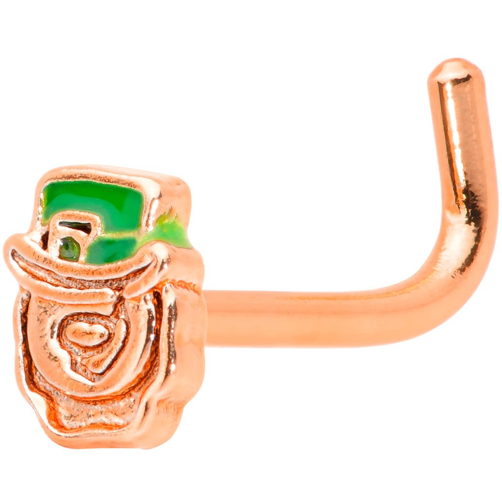 BodyCandy 18G 5/16 Green Rose Gold Tone Lucky Leprechaun L Shaped Nose Ring — main product shot