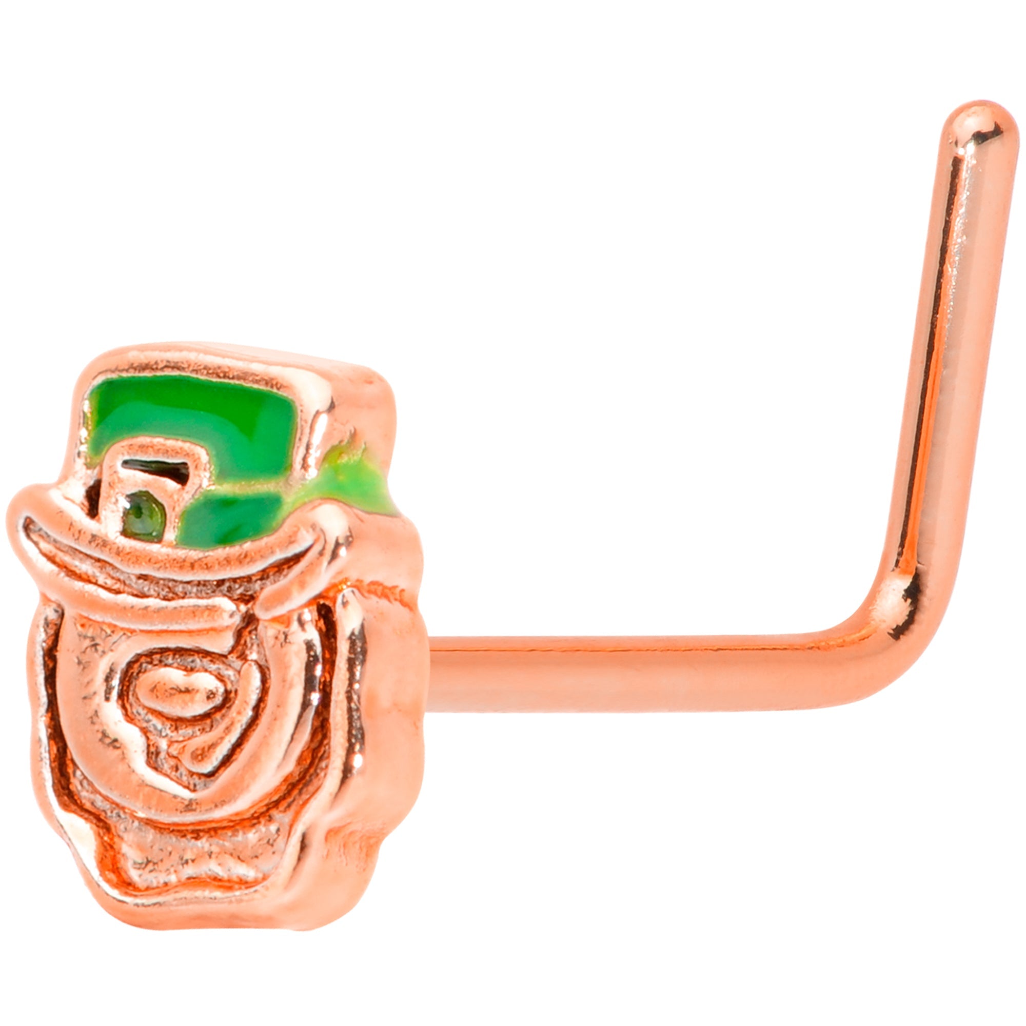 BodyCandy 22G 5/16 Green Rose Gold Tone Lucky Leprechaun L Shaped Nose Ring — main product shot