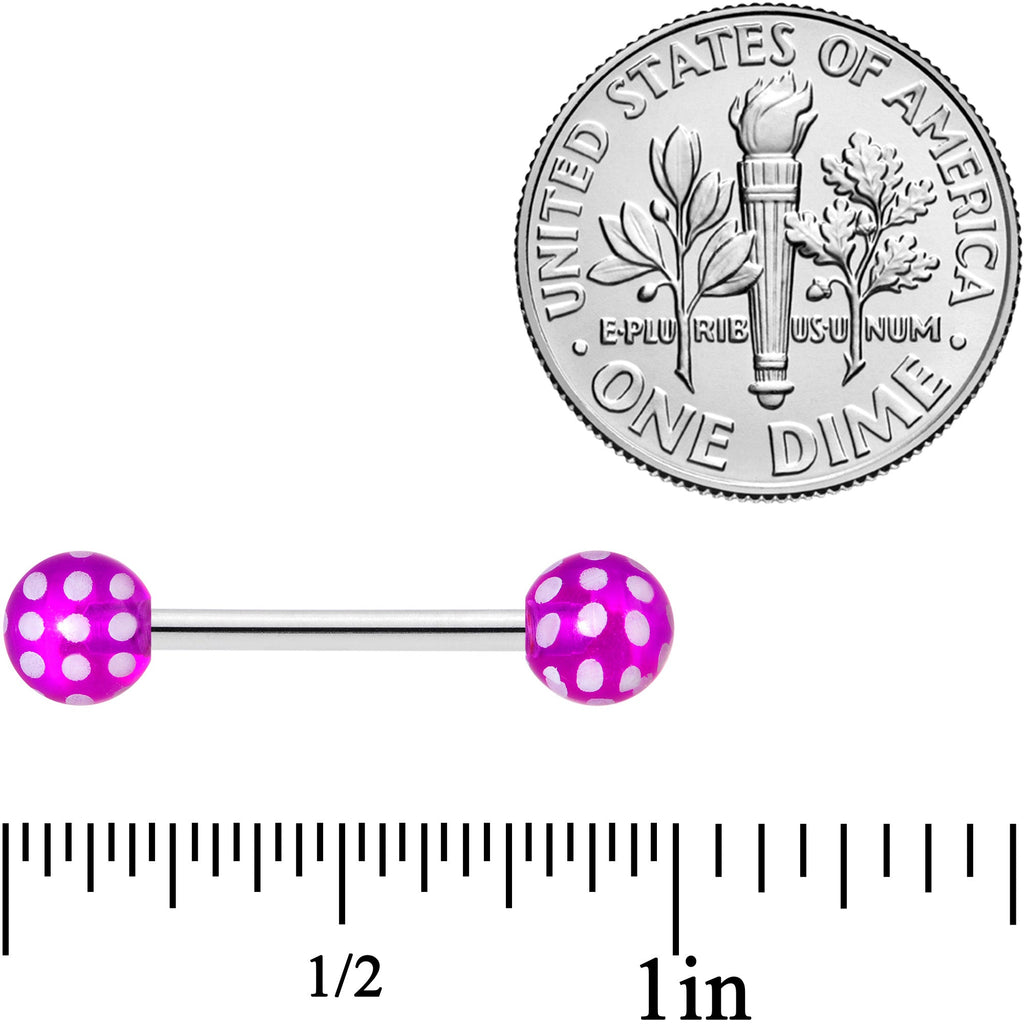 BodyCandy 14G 9/16 Purple White Polka Dot UV Ball Barbell Nipple Ring Set — detail close-up