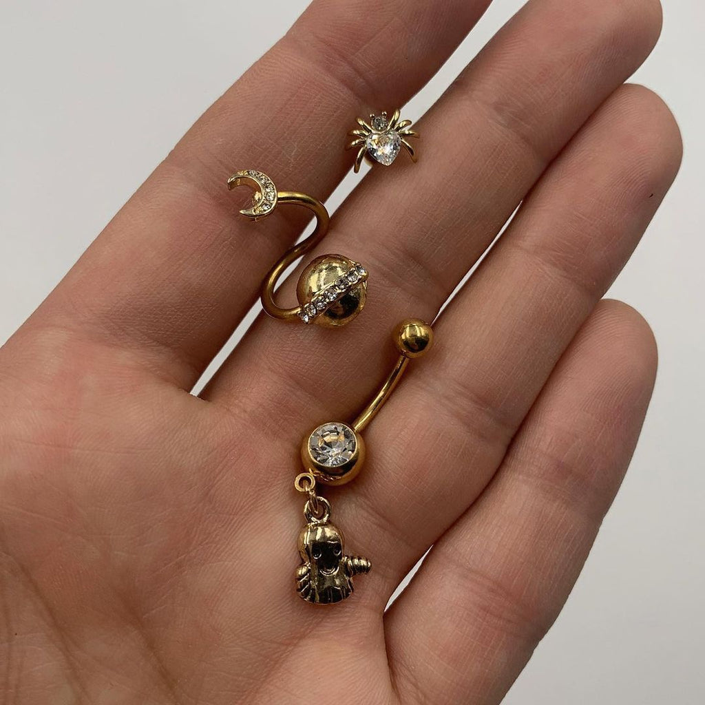 BodyCandy Clear Gem Gold Tone Happy Ghost Halloween Dangle Belly Ring — detail close-up