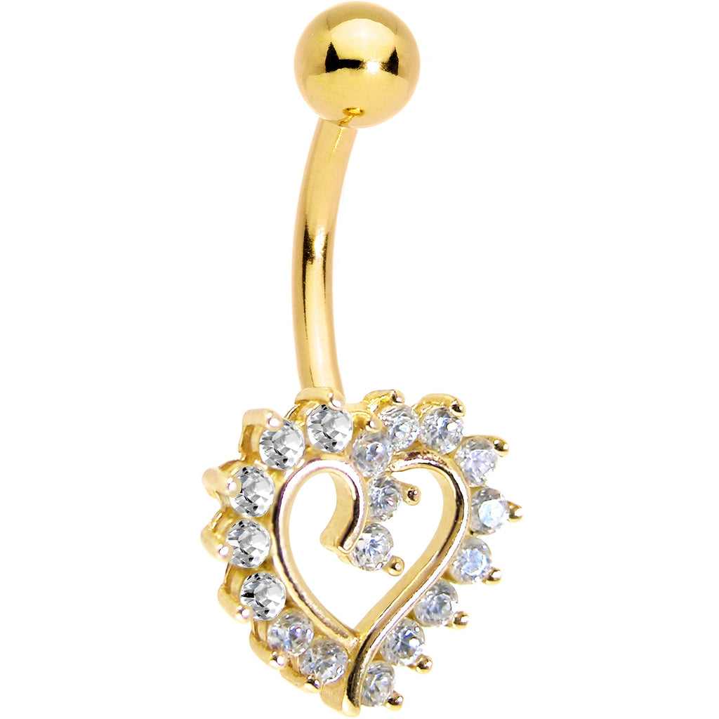 BodyCandy 16G Solid 14K Yellow Gold Cubic Zirconia HOLLOW HEART Belly Ring — detail close-up