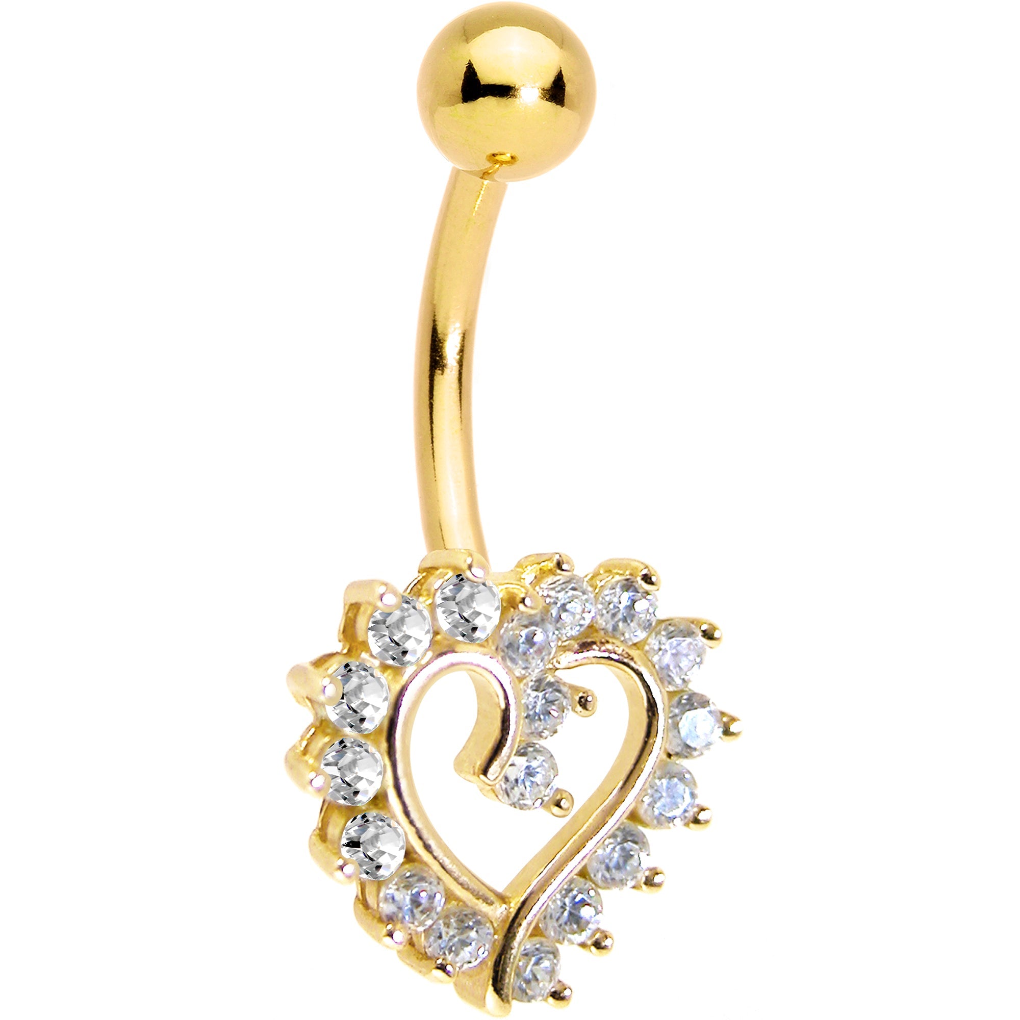 BodyCandy 16G Solid 14K Yellow Gold Cubic Zirconia HOLLOW HEART Belly Ring — detail close-up