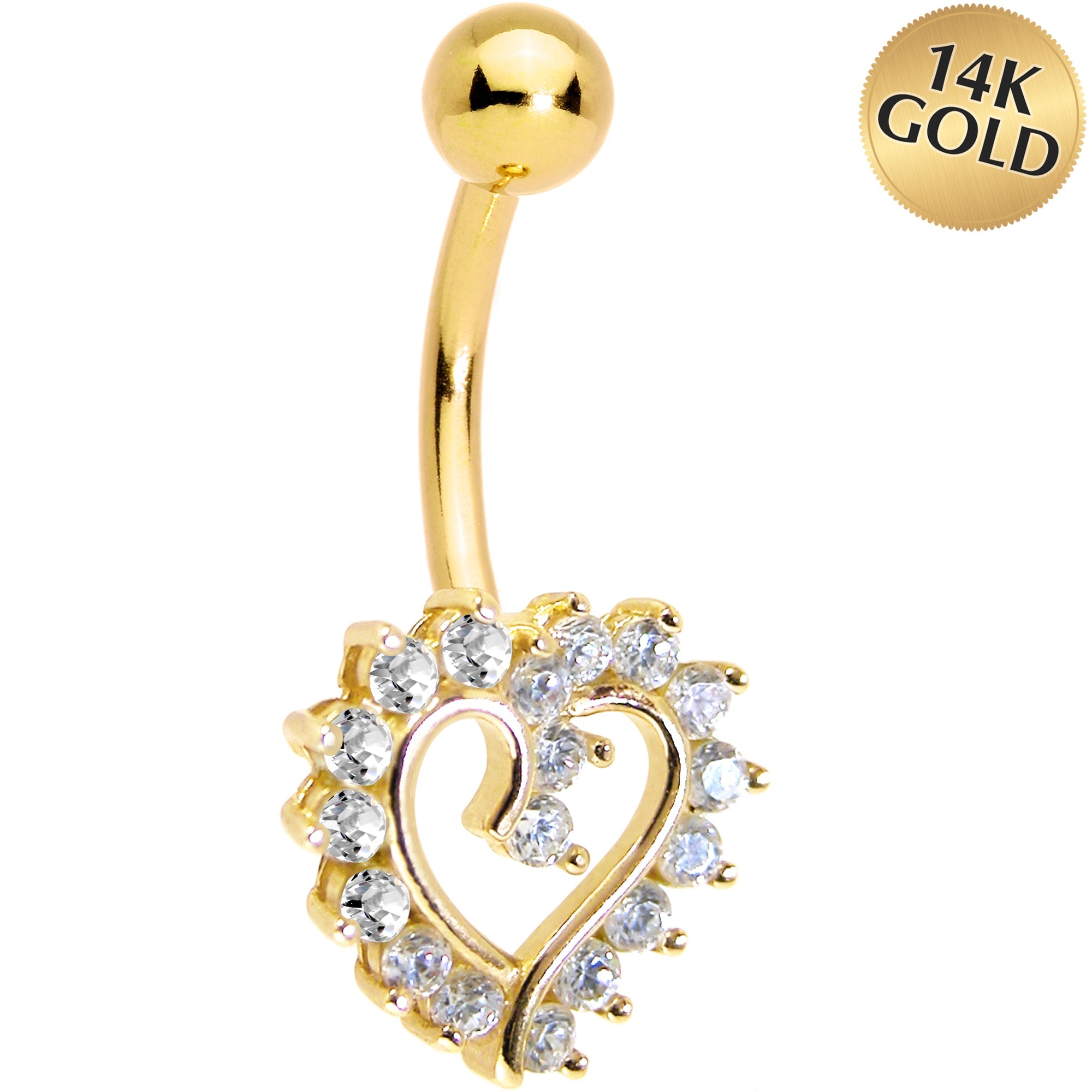 BodyCandy 16G Solid 14K Yellow Gold Cubic Zirconia HOLLOW HEART Belly Ring — main product shot