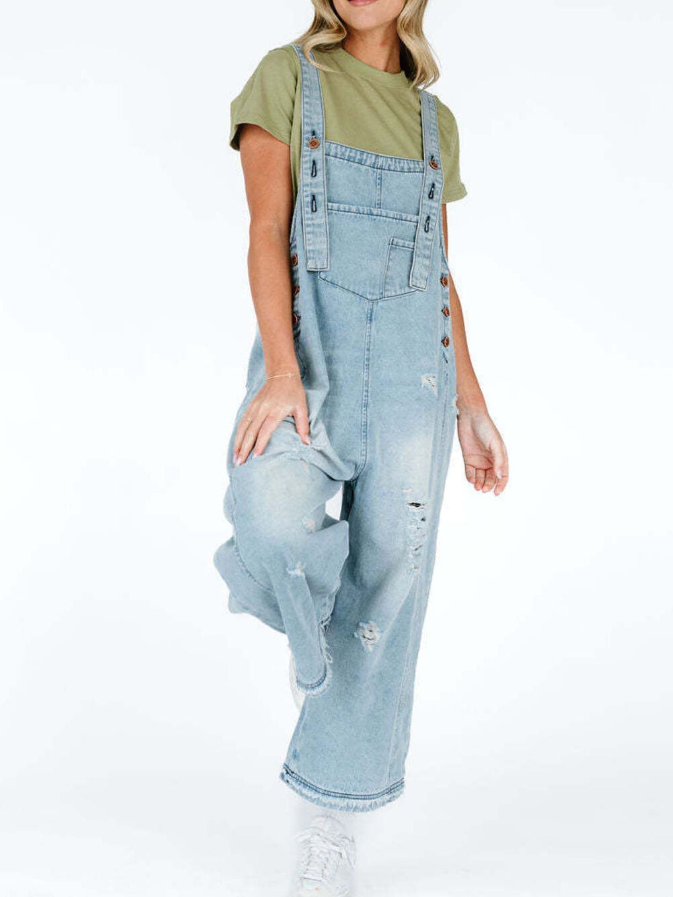Distressed Wide Leg Denim Overalls