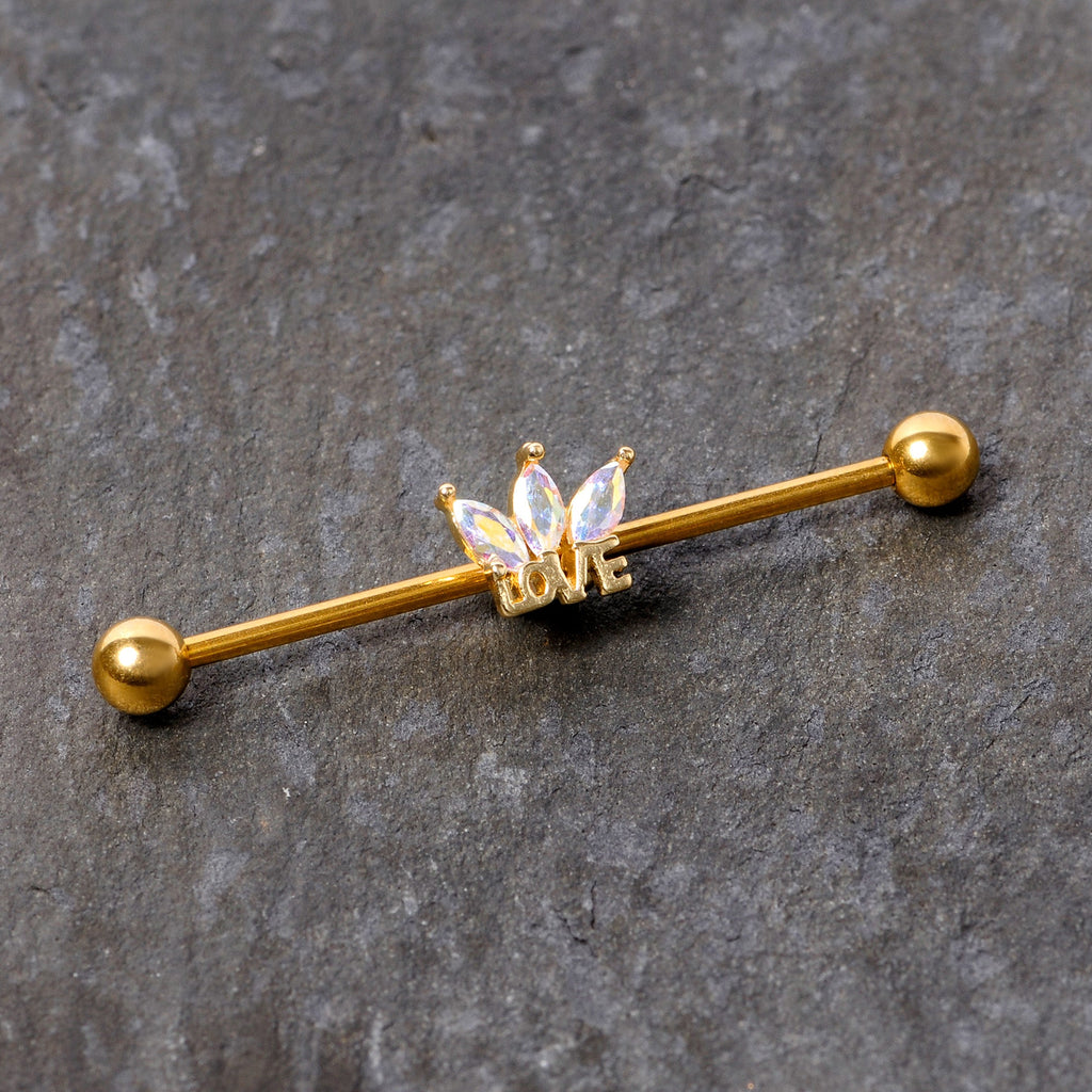 BodyCandy 14G Aurora Gem Gold Tone Crown Love Industrial Barbell 38mm — detail close-up