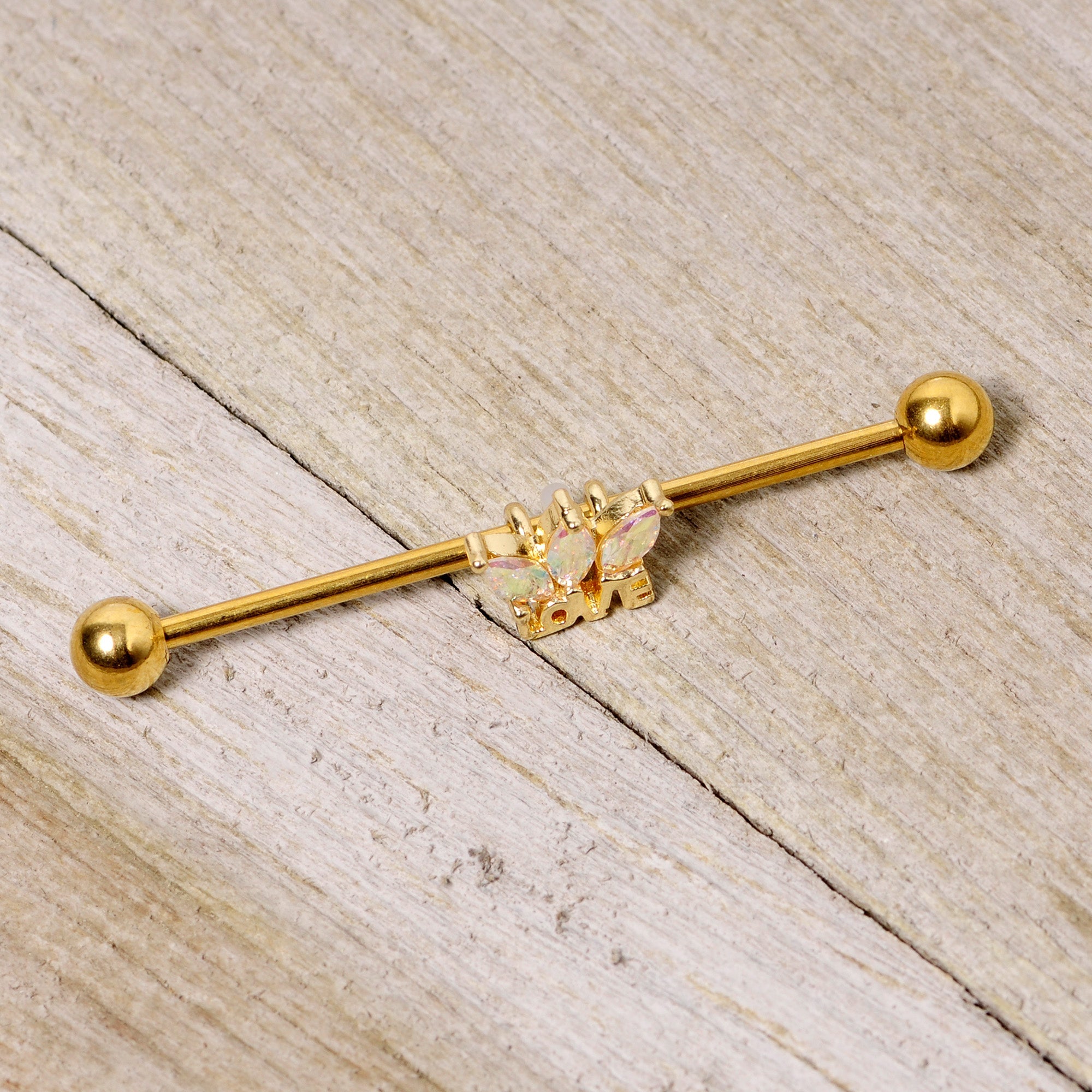 BodyCandy 14G Aurora Gem Gold Tone Crown Love Industrial Barbell 38mm — lifestyle context