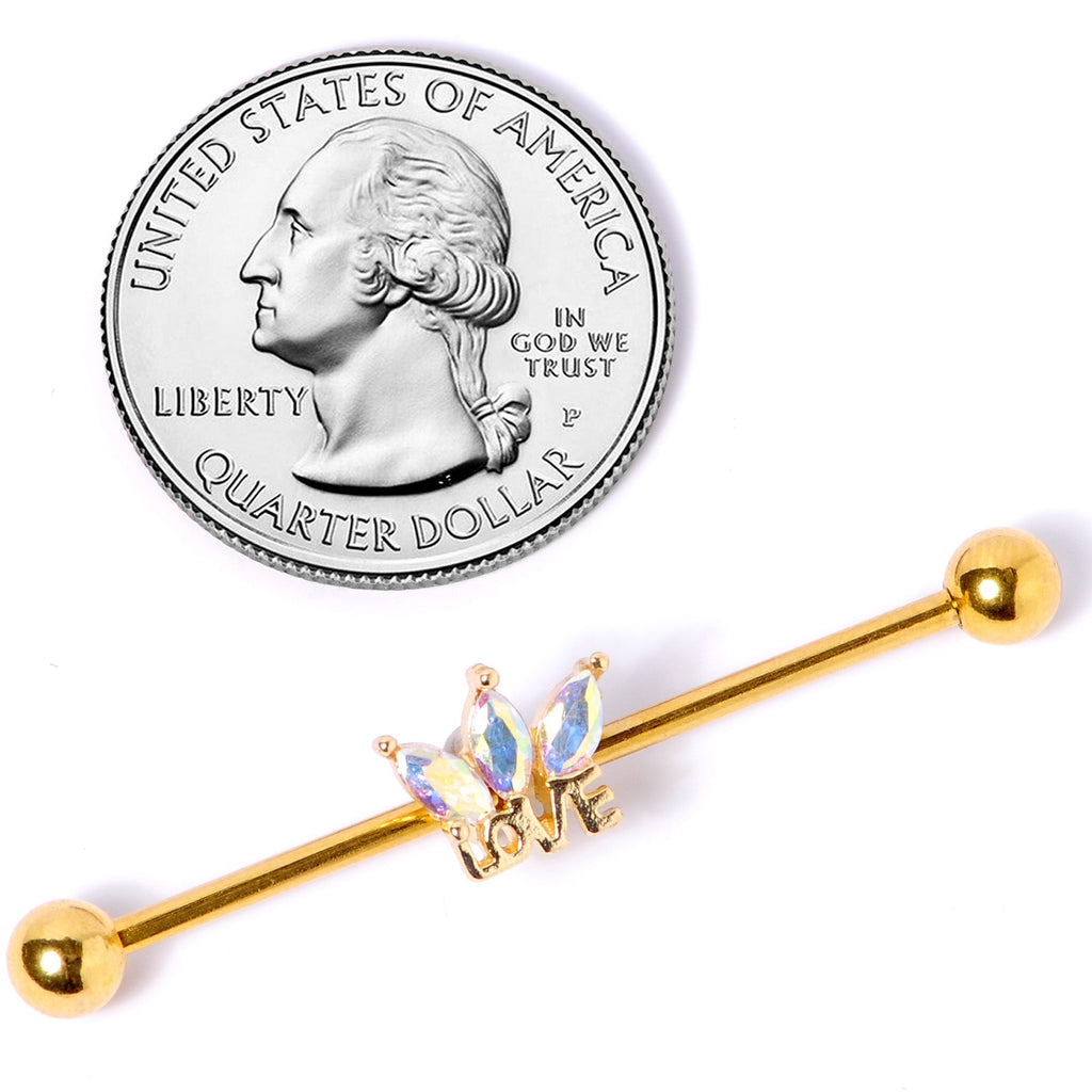 BodyCandy 14G Aurora Gem Gold Tone Crown Love Industrial Barbell 38mm — side view