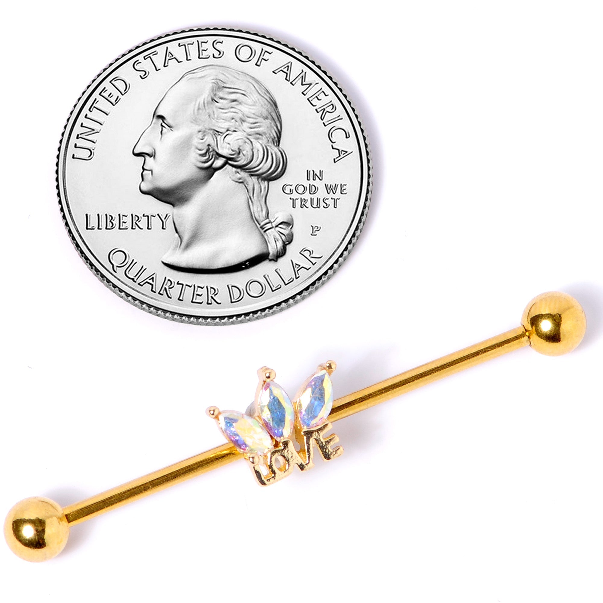 BodyCandy 14G Aurora Gem Gold Tone Crown Love Industrial Barbell 38mm — side view