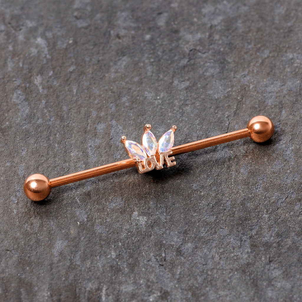 BodyCandy 14G Aurora Gem Rose Gold Tone Crown Love Industrial Barbell 38mm — detail close-up