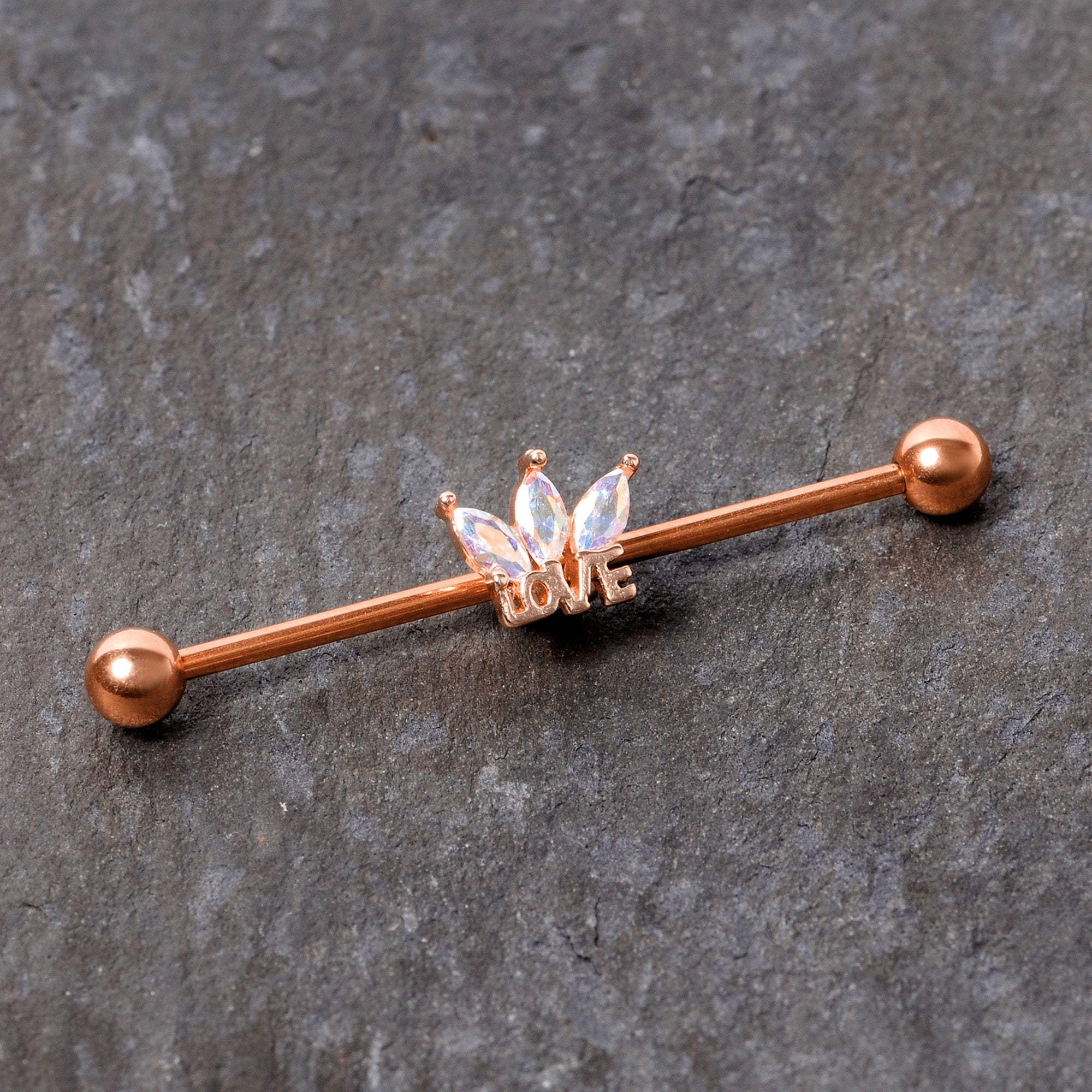 BodyCandy 14G Aurora Gem Rose Gold Tone Crown Love Industrial Barbell 38mm — detail close-up
